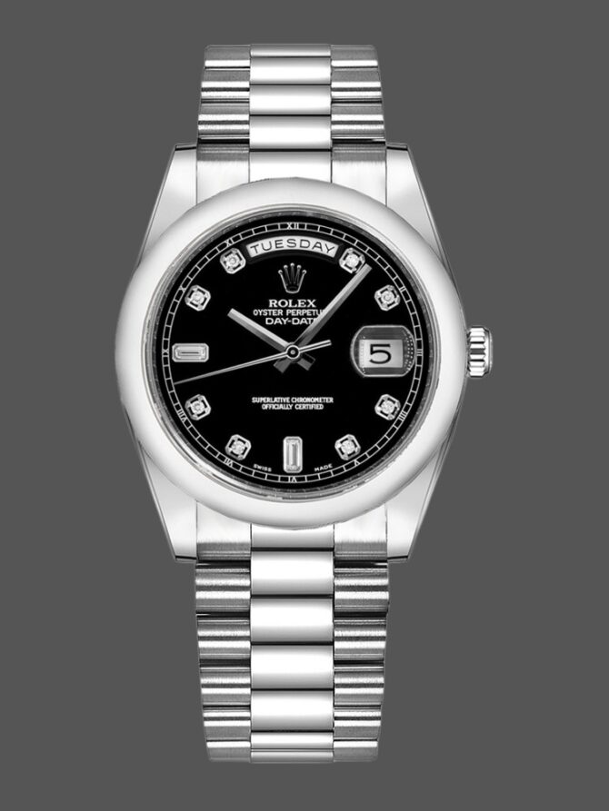 Replica Rolex Day Date 118206 Platinum Black Diamond Dial 36mm Unisex Watch