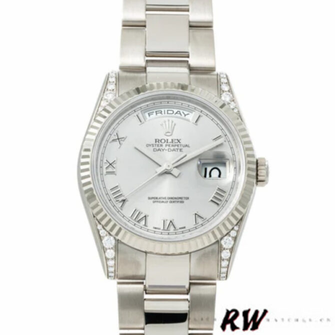 Replica Rolex Day Date 118339 White Gold white Dial Fluted Bezel 36mm Unisex Watch