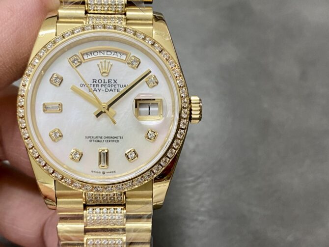 Replica Rolex Day Date 36 Yellow Gold Diamond Bezel MOP Dial m128348rbr 0019