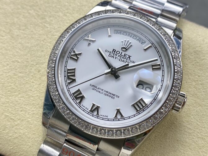 Replica Rolex Day Date 36 White Gold Diamond Bezel White Dial m128399tbr 0019