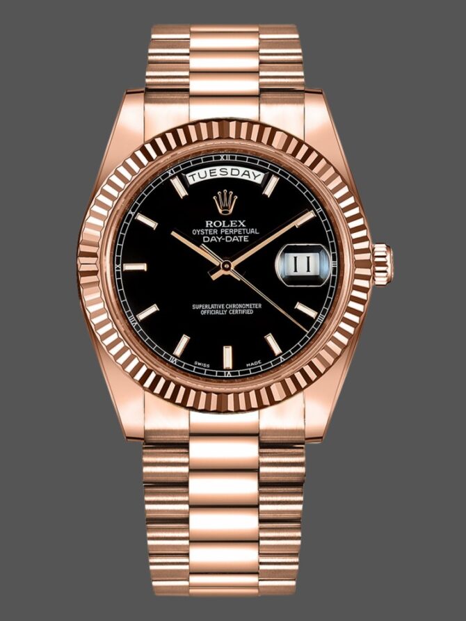 Replica Rolex Day-Date 218235 Black Index Dial Rose Gold 41MM Mens Watch