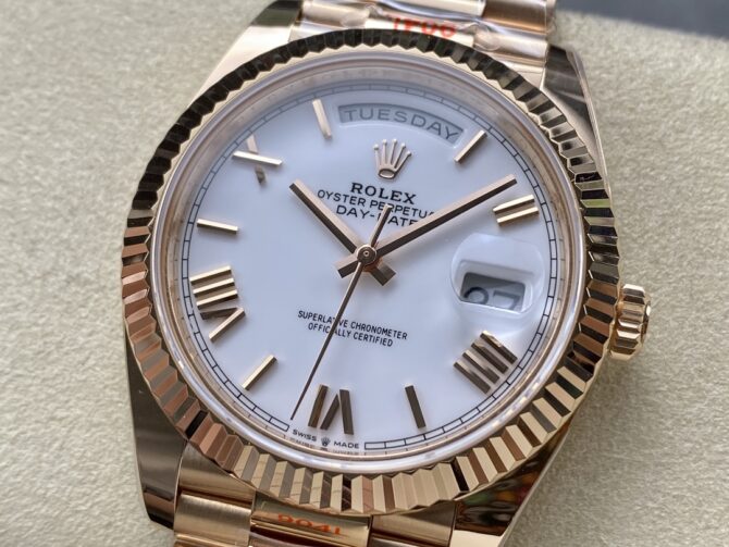 Replica Rolex Day-Date 228235 White Roman Numeral Dial Fluted Bezel 40mm Mens Watch