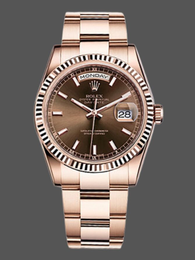 Replica Rolex Day-Date 118235 Fluted Bezel Chocolate Dial 36mm Unisex Watch