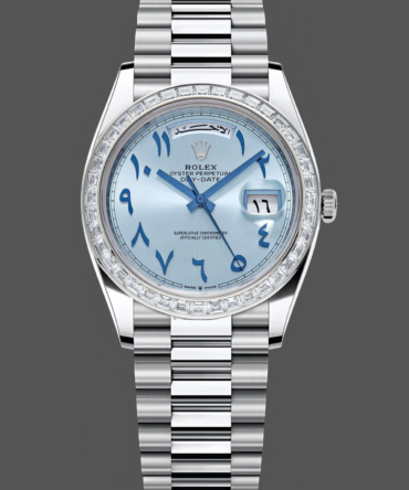 Replica Rolex Day-Date 40mm Platinum Ice Blue Arabic Dial Diamond Bezel 228396TBR Men's Watch