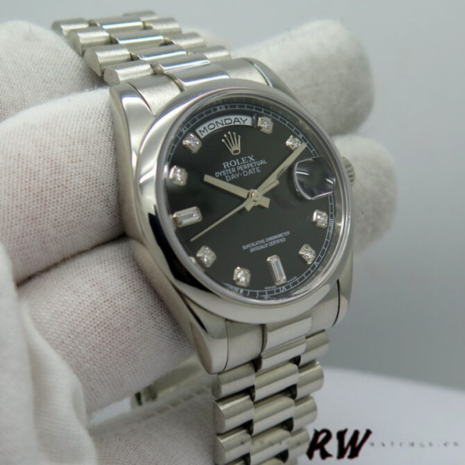 Replica Rolex Day Date 118206 Platinum Black Diamond Dial 36mm Unisex Watch