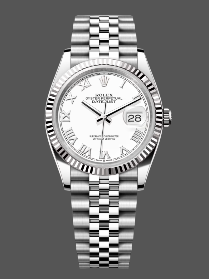 141112734 Fluted Bezel White Roman Dial 36MM Unisex Replica Watch
