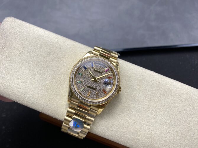 Replica Rolex Day Date 36mm Yellow Gold 128348RBR 0030 Pave Rainbow Diamonds Sapphires Dial