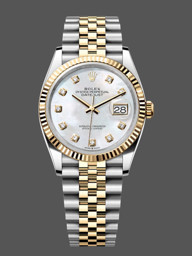 5672133 White MOP Diamond Dial Fluted Bezel 36MM Unisex Replica Watch