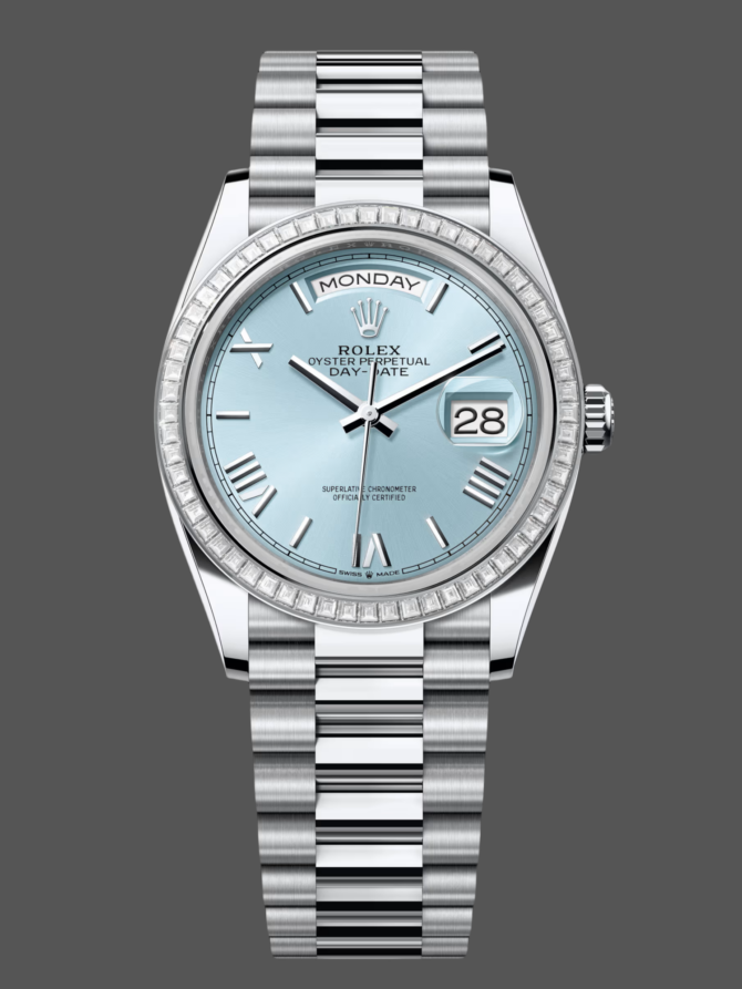 Replica Rolex Day Date 36 Diamond Bezel Ice Blue Roman Dial m128396tbr 0019