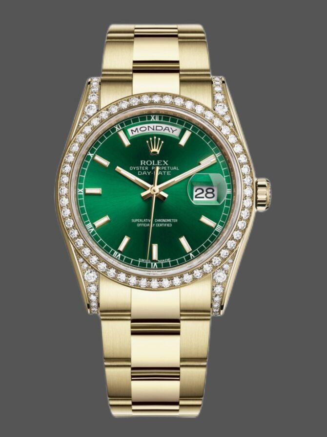 Replica Rolex Day-Date 118388 Yellow Gold Green Index Dial 36MM Unisex Watch
