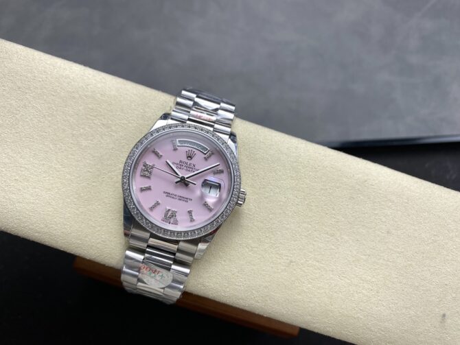 Replica Rolex Day Date 36 Platinum Pink Opal Diamond-Set Roman Dial Diamond Bezel m128396tbr 0009