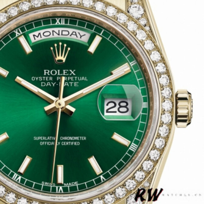 Replica Rolex Day-Date 118388 Yellow Gold Green Index Dial 36MM Unisex Watch