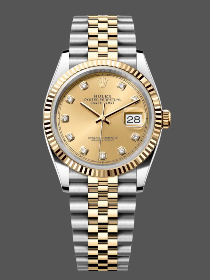 5741233 Champagne Diamond Dial Fluted Bezel 36MM Unisex Replica Watch