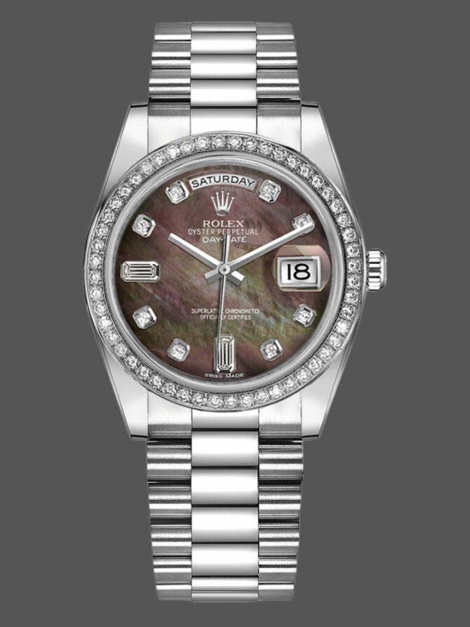 Replica Rolex Day Date 118346 Black MOP Dial Platinum 36mm Unisex Watch