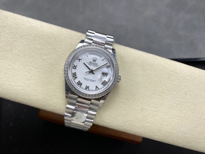 Replica Rolex Day Date 36 White Gold Diamond Bezel White Dial m128399tbr 0019