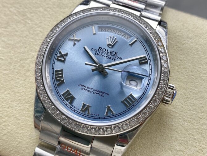 Replica Rolex Day Date 36 Diamond Bezel Ice Blue Roman Dial m128396tbr 0019