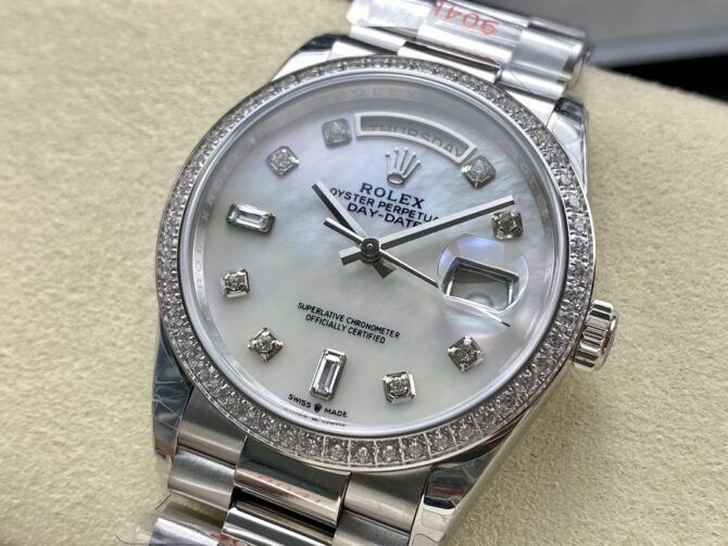 Replica Rolex Day Date 36 Mother of Pearl Dial Diamond Bezel Platinum President m128396tbr 0005