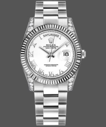 Replica Rolex Day Date 118339 White Gold white Dial Fluted Bezel 36mm Unisex Watch