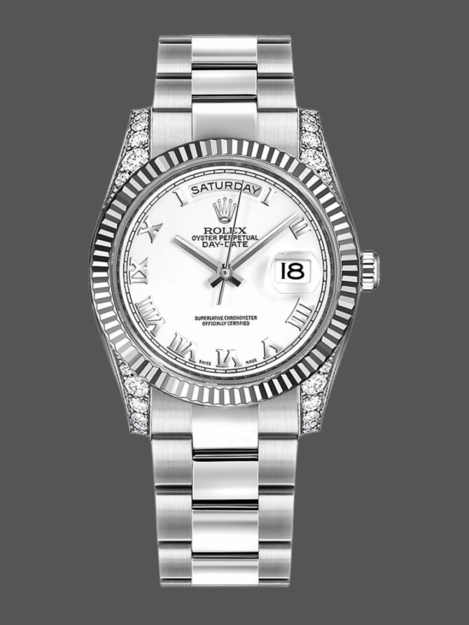 Replica Rolex Day Date 118339 White Gold white Dial Fluted Bezel 36mm Unisex Watch