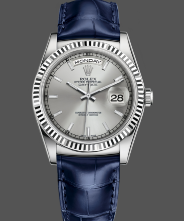 Replica Rolex Day Date 36 White Gold Silver Dial 118139 0097 Blue Leather Strap