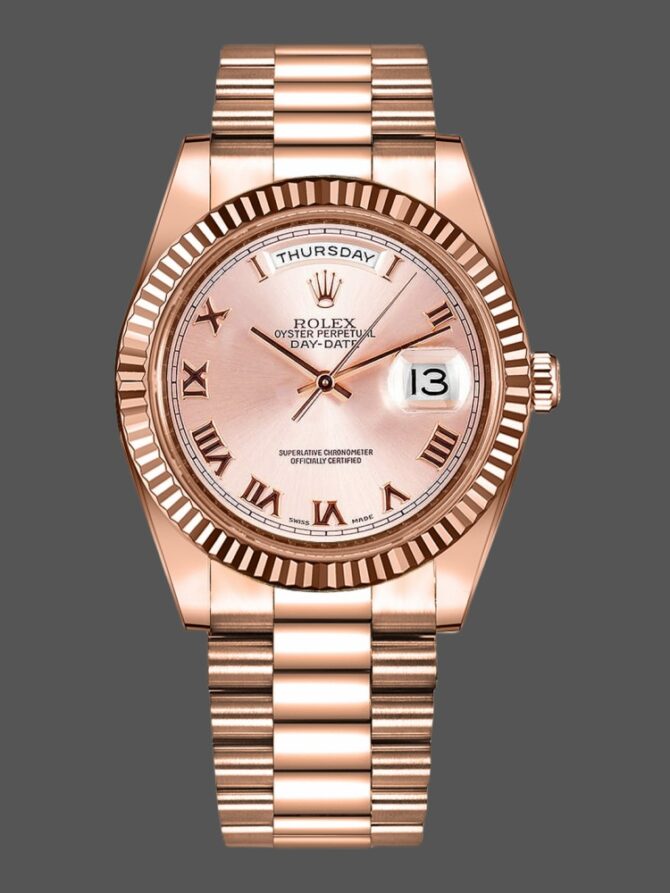 Replica Rolex Day-Date 218235 Pink Roman Numerals Dial Rose Gold 41MM Mens Watch