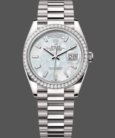 Replica Rolex Day-Date 128349RBR White Mother of Pearl Dial Diamond Bezel 36MM Lady Watch