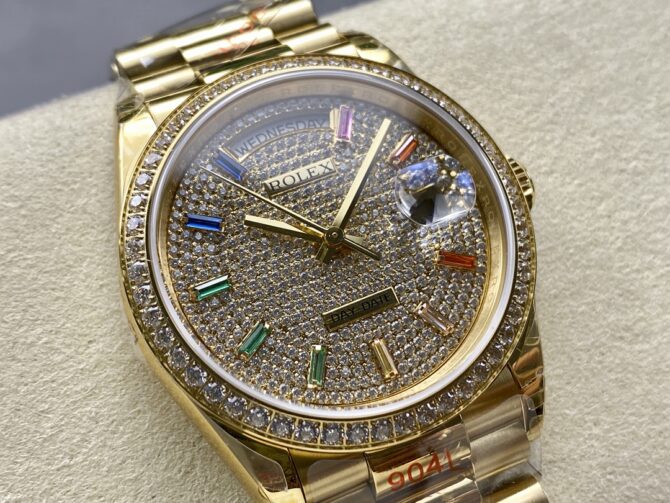Replica Rolex Day Date 36mm Yellow Gold 128348RBR 0030 Pave Rainbow Diamonds Sapphires Dial