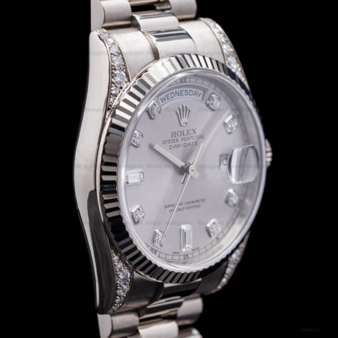 Replica Rolex Day Date 118339 White Gold Silver Dial Fluted Bezel 36mm Unisex Watch