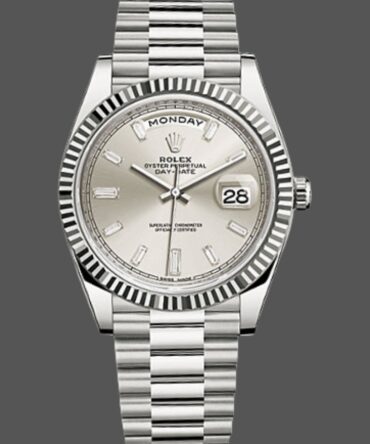 Replica Rolex Day-Date 228239 Silver Baguette Diamond Dial Fluted Bezel 40mm Mens Watch