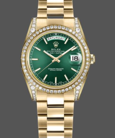 Replica Rolex Day-Date 118388 Yellow Gold Green Index Dial 36MM Unisex Watch