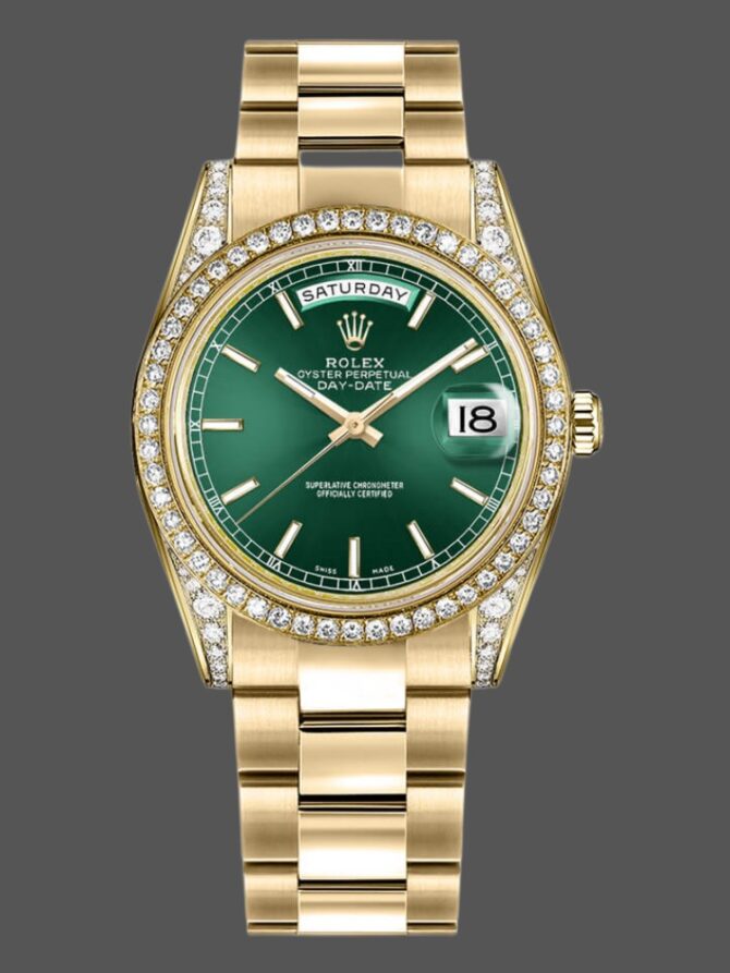 Replica Rolex Day-Date 118388 Yellow Gold Green Index Dial 36MM Unisex Watch