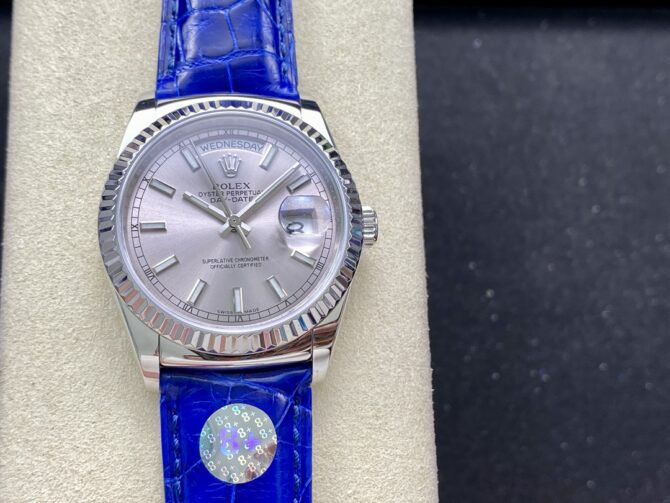 Replica Rolex Day Date 36 White Gold Silver Dial 118139 0097 Blue Leather Strap