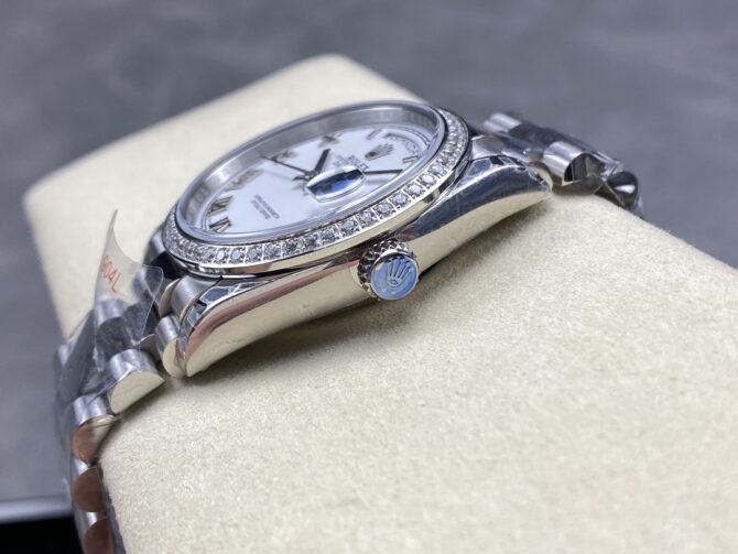 Replica Rolex Day Date 36 White Gold Diamond Bezel White Dial m128399tbr 0019