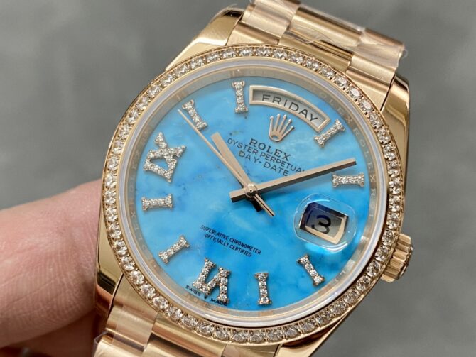 Replica Rolex Day-Date 36 Rose Gold Turquoise Diamond-Set Roman Dial Diamond Bezel m128345rbr 0064