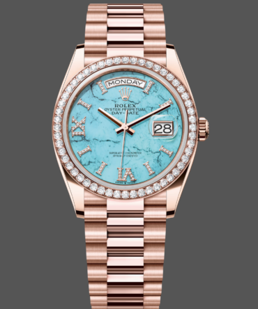 Replica Rolex Day-Date 36 Rose Gold Turquoise Diamond-Set Roman Dial Diamond Bezel m128345rbr 0064
