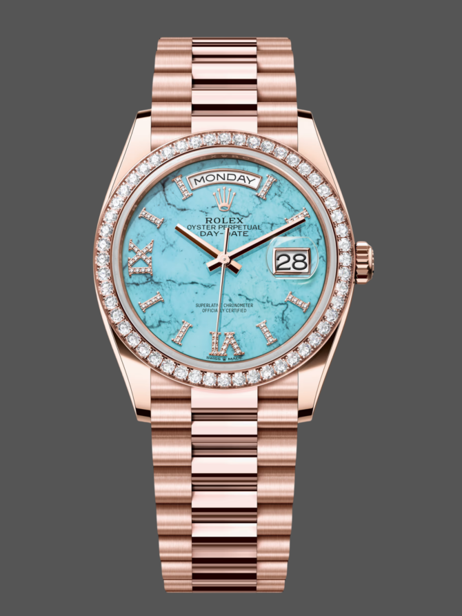 Replica Rolex Day-Date 36 Rose Gold Turquoise Diamond-Set Roman Dial Diamond Bezel m128345rbr 0064