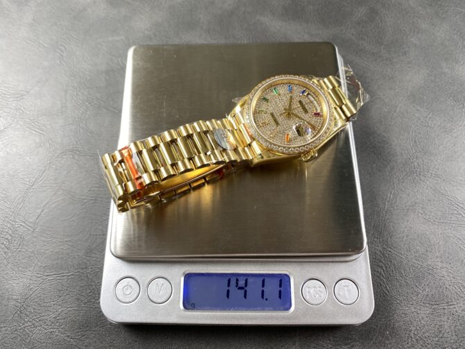 Replica Rolex Day Date 36mm Yellow Gold 128348RBR 0030 Pave Rainbow Diamonds Sapphires Dial