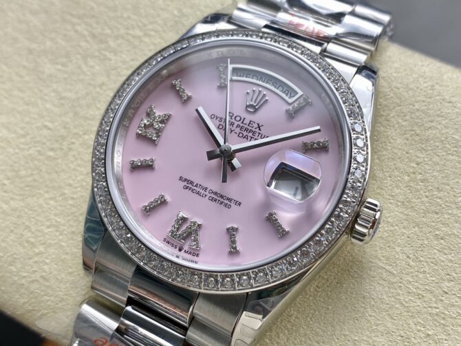 Replica Rolex Day Date 36 Platinum Pink Opal Diamond-Set Roman Dial Diamond Bezel m128396tbr 0009