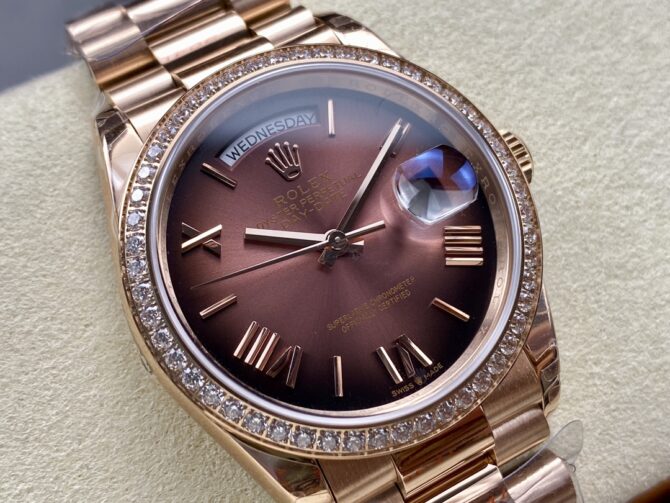 Replica Rolex Day Date 36 Everose Gold Diamond Bezel m128345rbr 0075