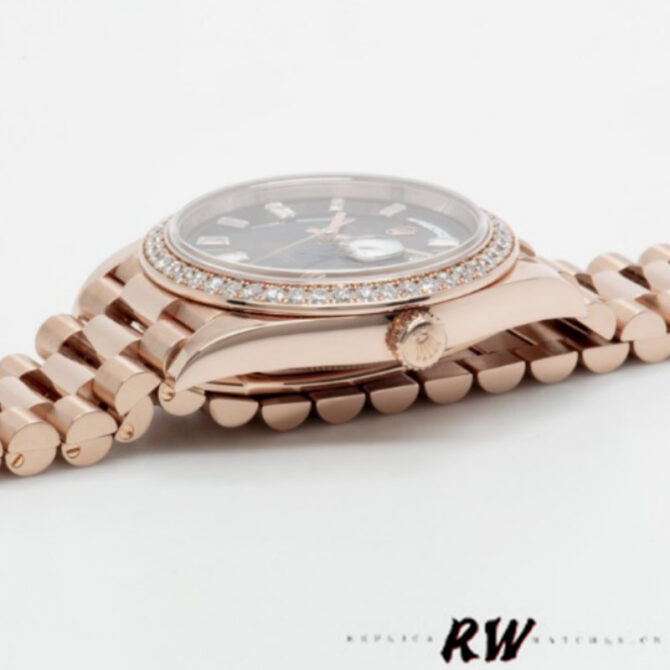 Replica Rolex Day-Date 228345RBR Chocolate Brown Diamond Dial Diamond Bezel 40mm Mens Watch