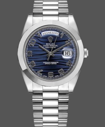 Replica Rolex Day-Date 218206 Wave Pattern Blue Dial Platinum 41MM Mens Watch