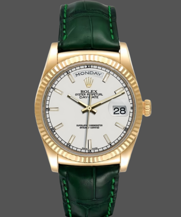 Replica Rolex Day Date 36 White Dial 118135 0123 Green Leather Watch