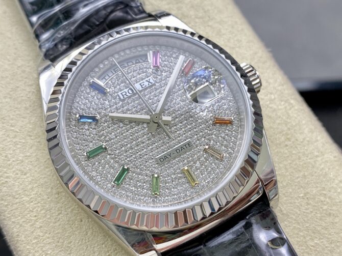 Replica Rolex Day Date 36mm White Gold 128349RBR 0006 Pave Rainbow