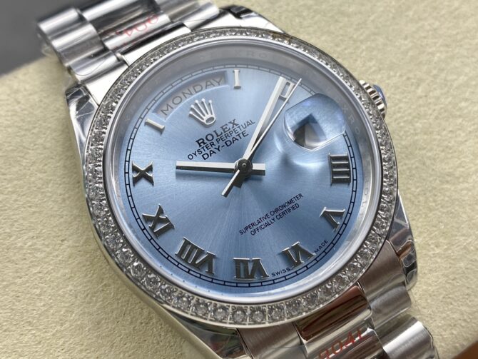 Replica Rolex Day Date 36 Diamond Bezel Ice Blue Roman Dial m128396tbr 0019