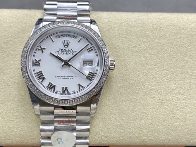 Replica Rolex Day Date 36 White Gold Diamond Bezel White Dial m128399tbr 0019