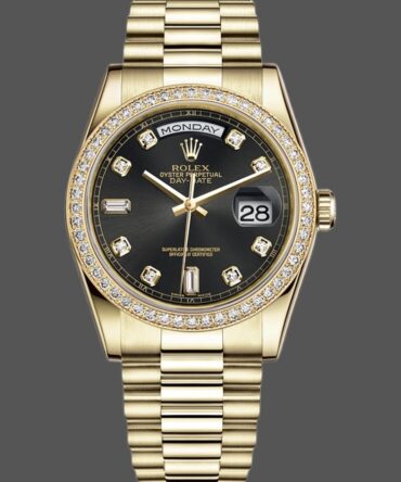 Replica Rolex Day Date 118348 Yellow Gold Black Diamond Dial 36mm Unisex Watch