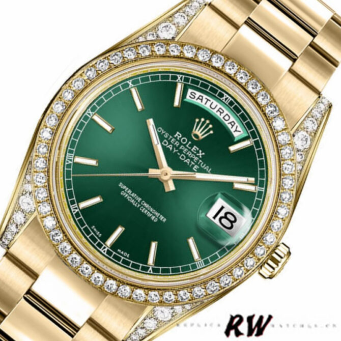 Replica Rolex Day-Date 118388 Yellow Gold Green Index Dial 36MM Unisex Watch