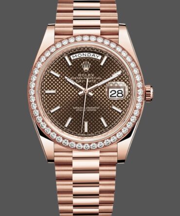 Replica Rolex Day-Date 228345RBR Chocolate Brown Diagonal Motif Dial Diamond Bezel 40mm Mens Watch