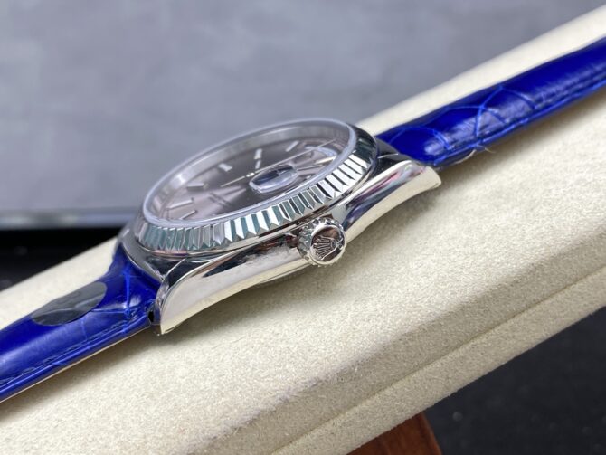 Replica Rolex Day Date 36 White Gold Silver Dial 118139 0097 Blue Leather Strap