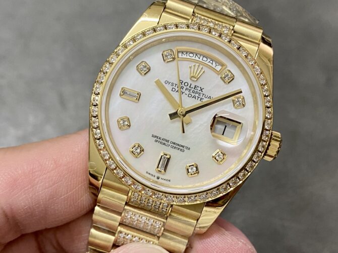 Replica Rolex Day Date 36 Yellow Gold Diamond Bezel MOP Dial m128348rbr 0019